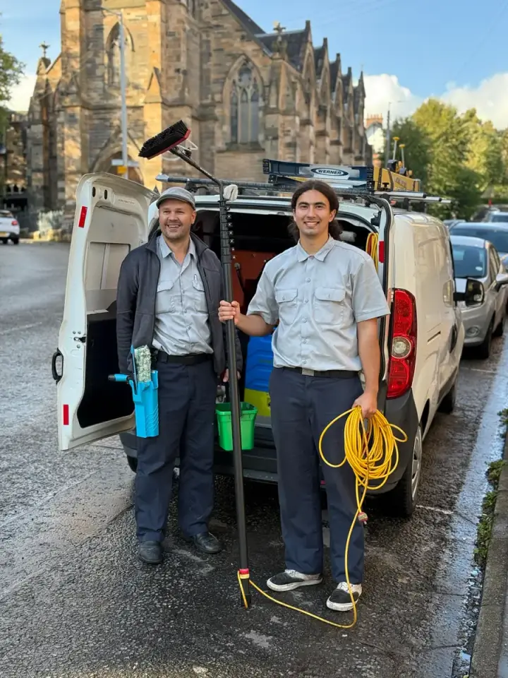 The New Wave Cleaning team with their van and water-fed pole in Glasgow
